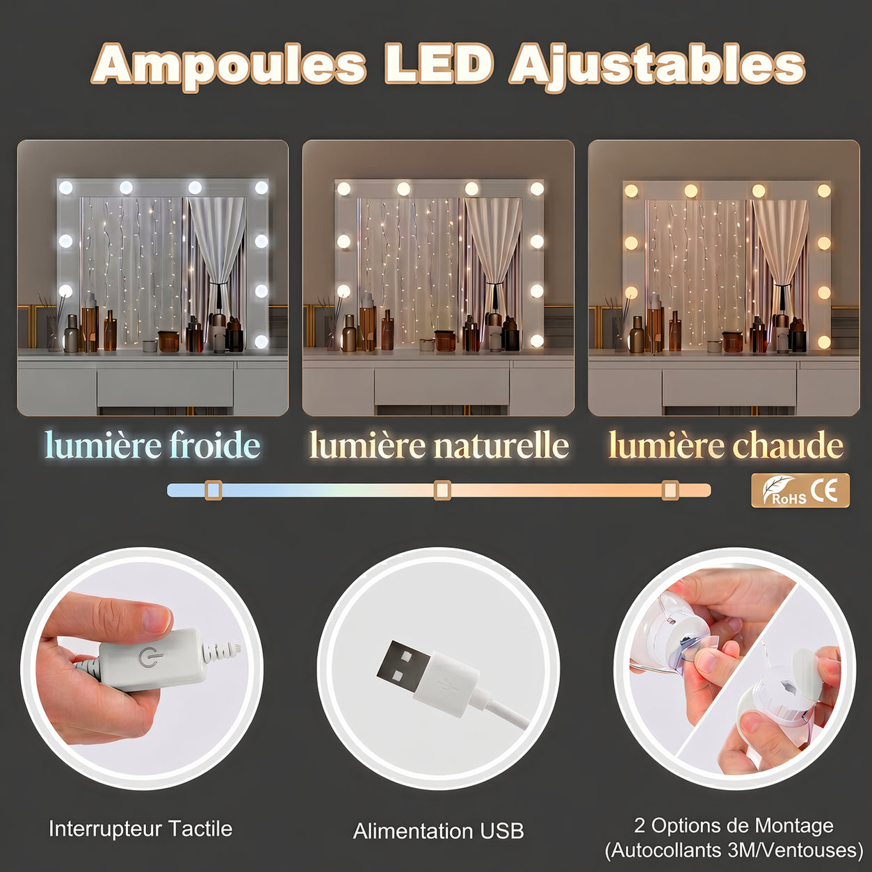Coiffeuse LED miroir 7 tiroirs