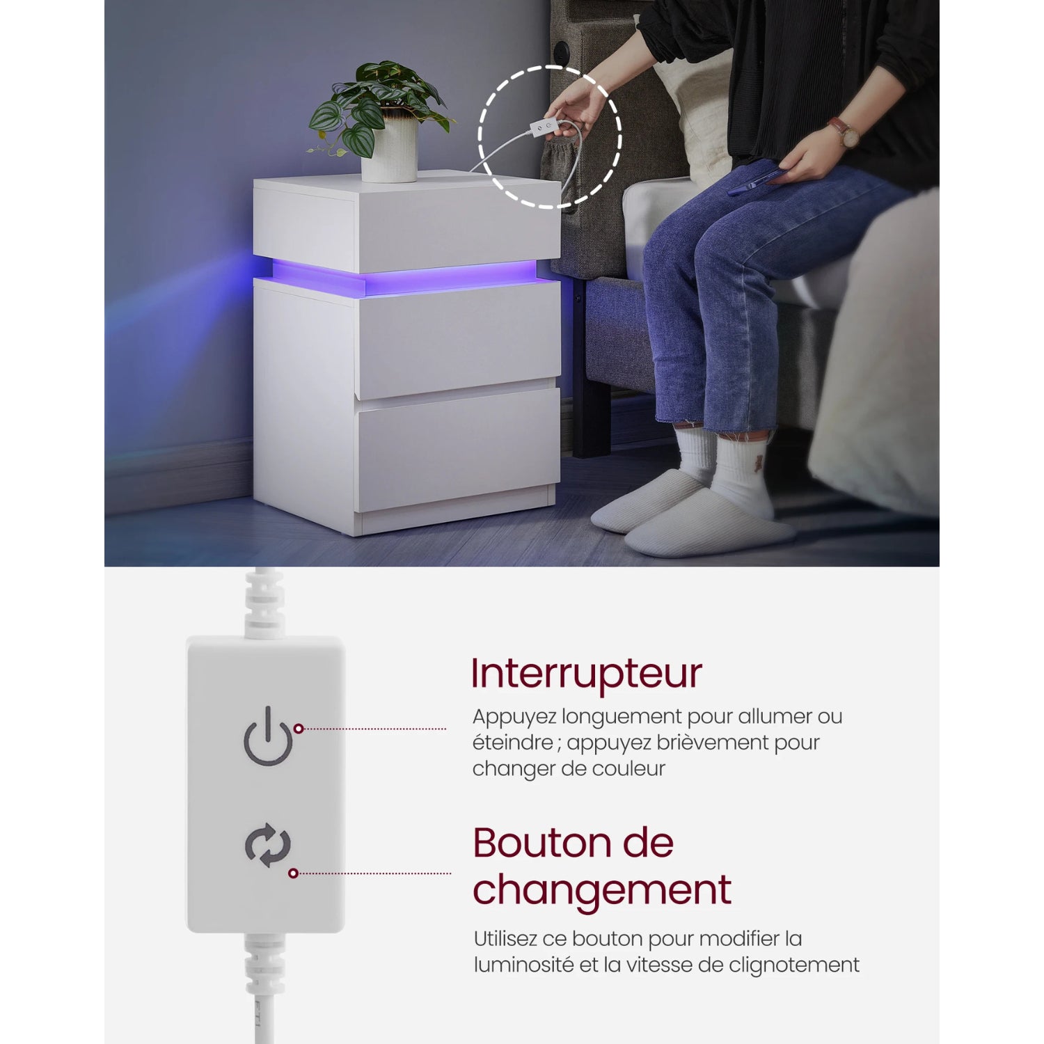Table de chevet LED trois tiroirs