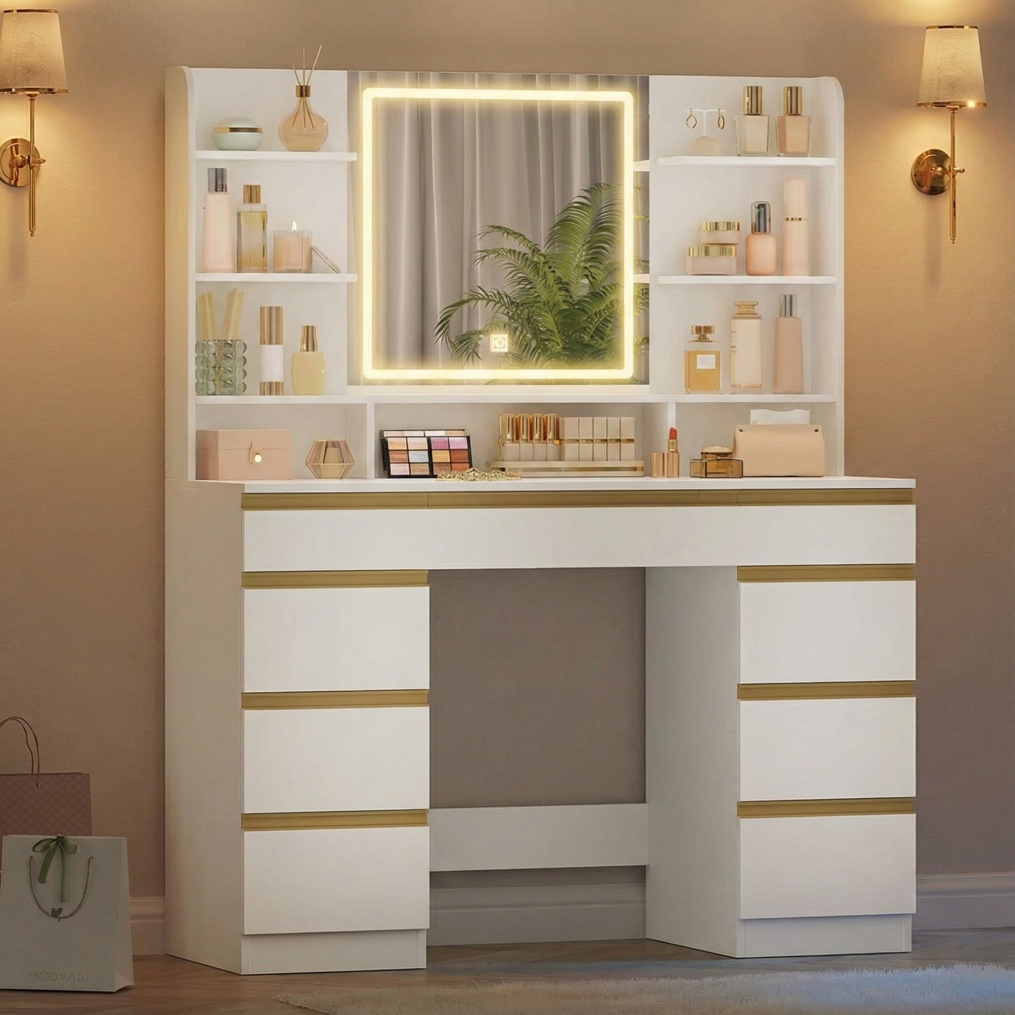 Coiffeuse LED miroir 9 rangements