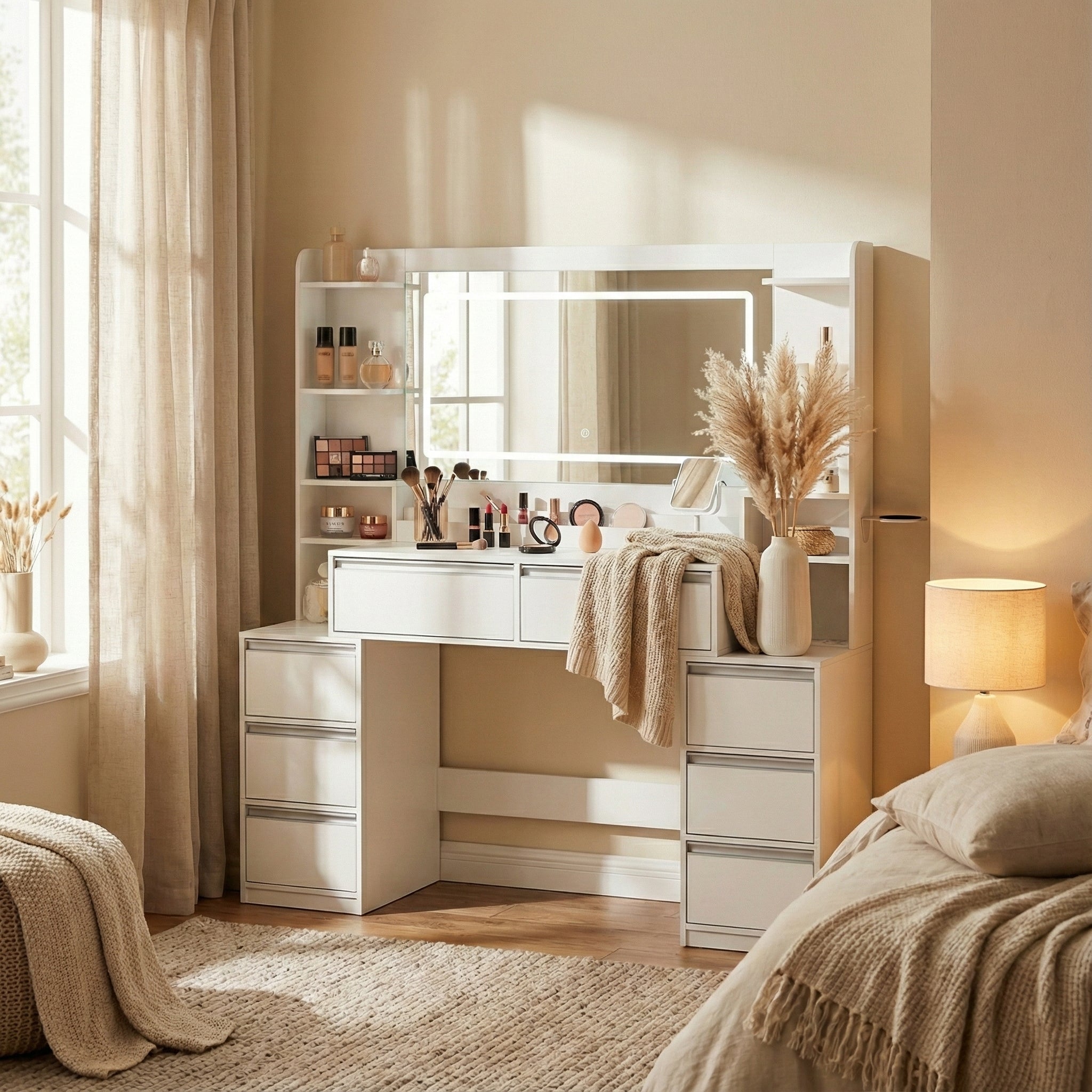 Coiffeuse miroir panoramique 8 tiroirs