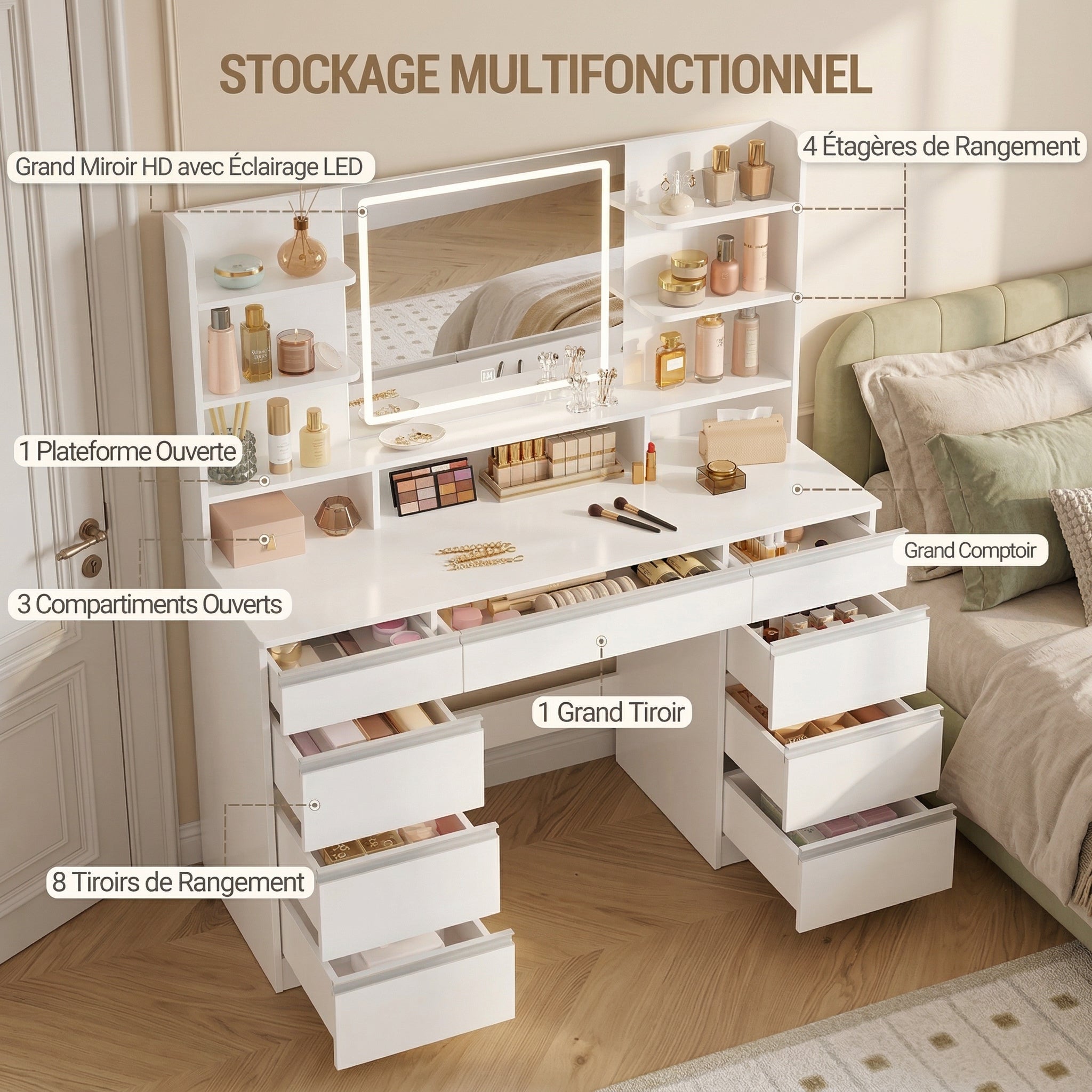 Coiffeuse LED miroir 9 rangements