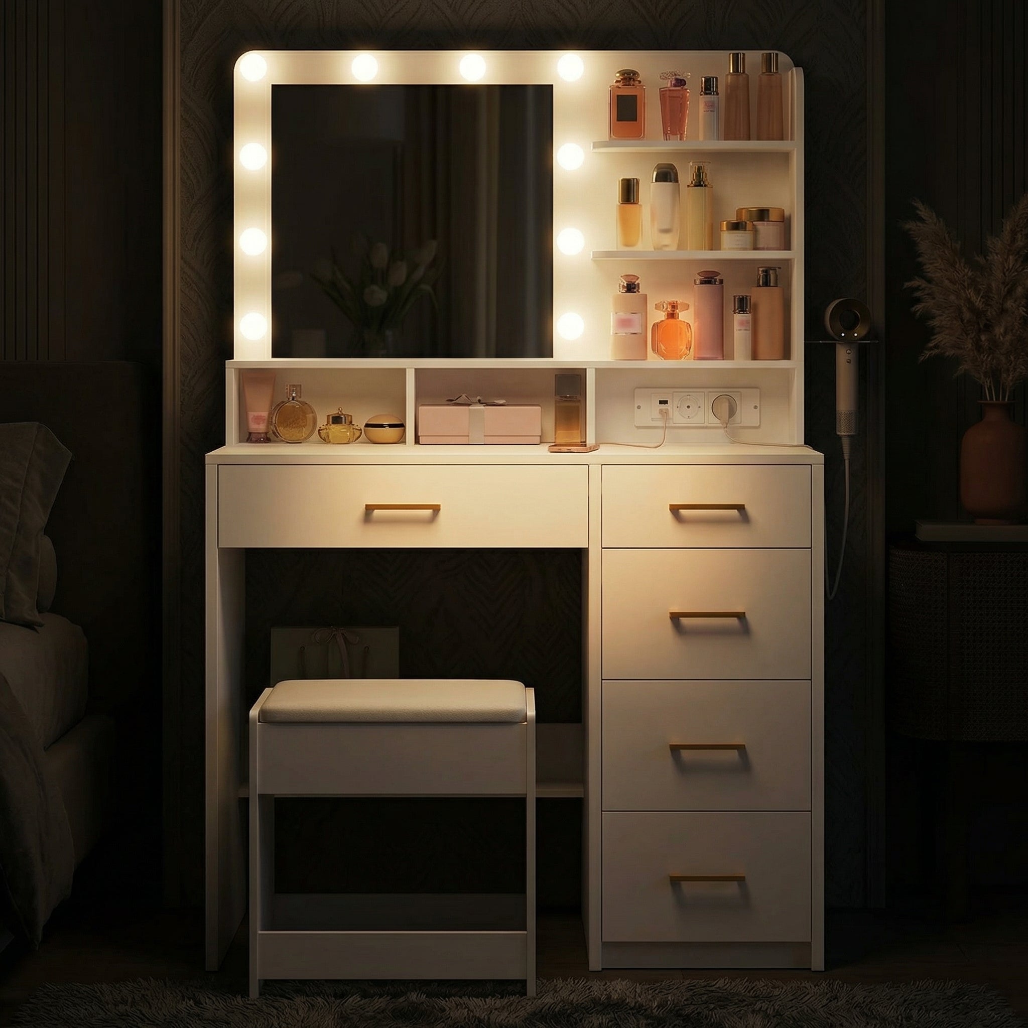Coiffeuse LED miroir 5 tiroirs