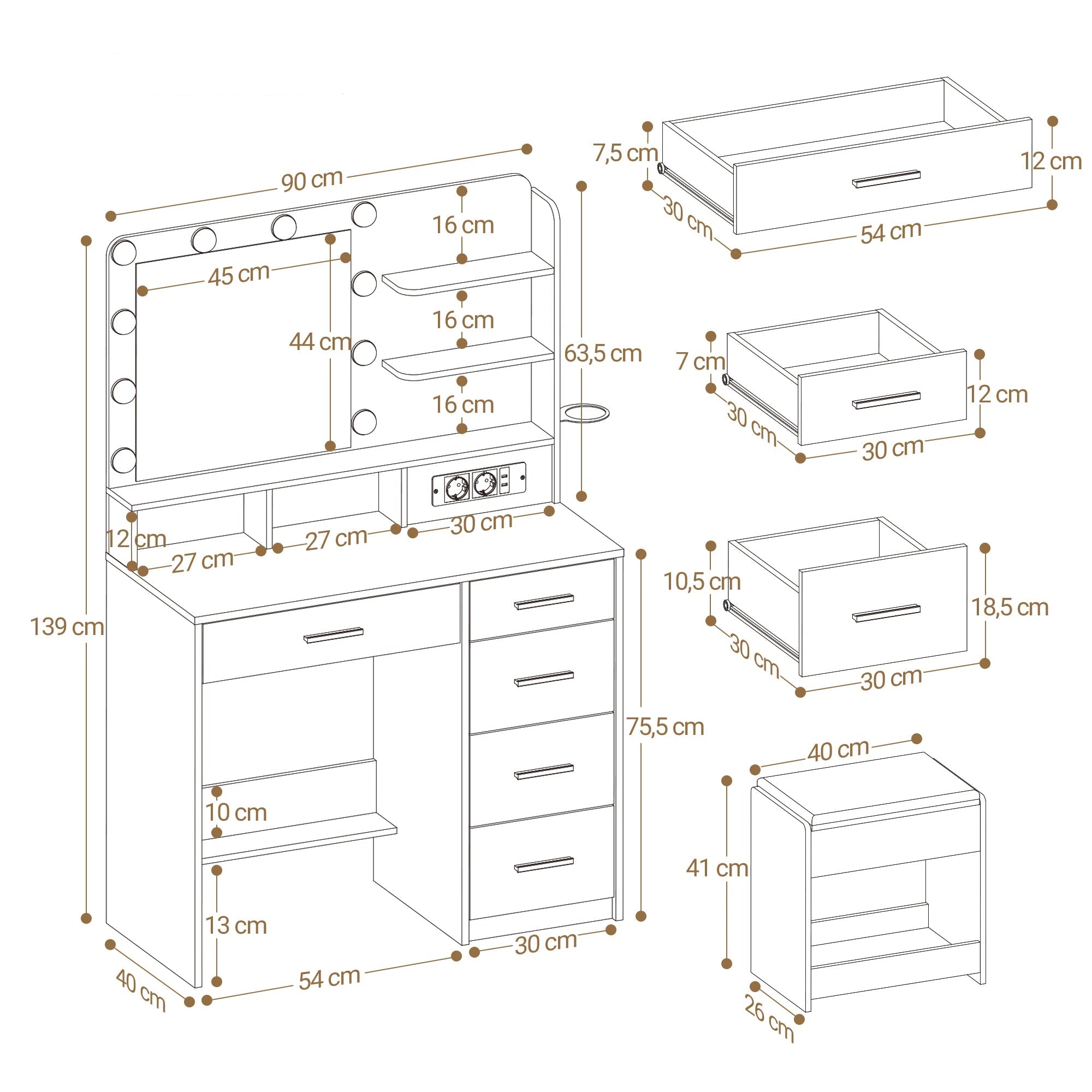 Coiffeuse LED miroir 5 tiroirs
