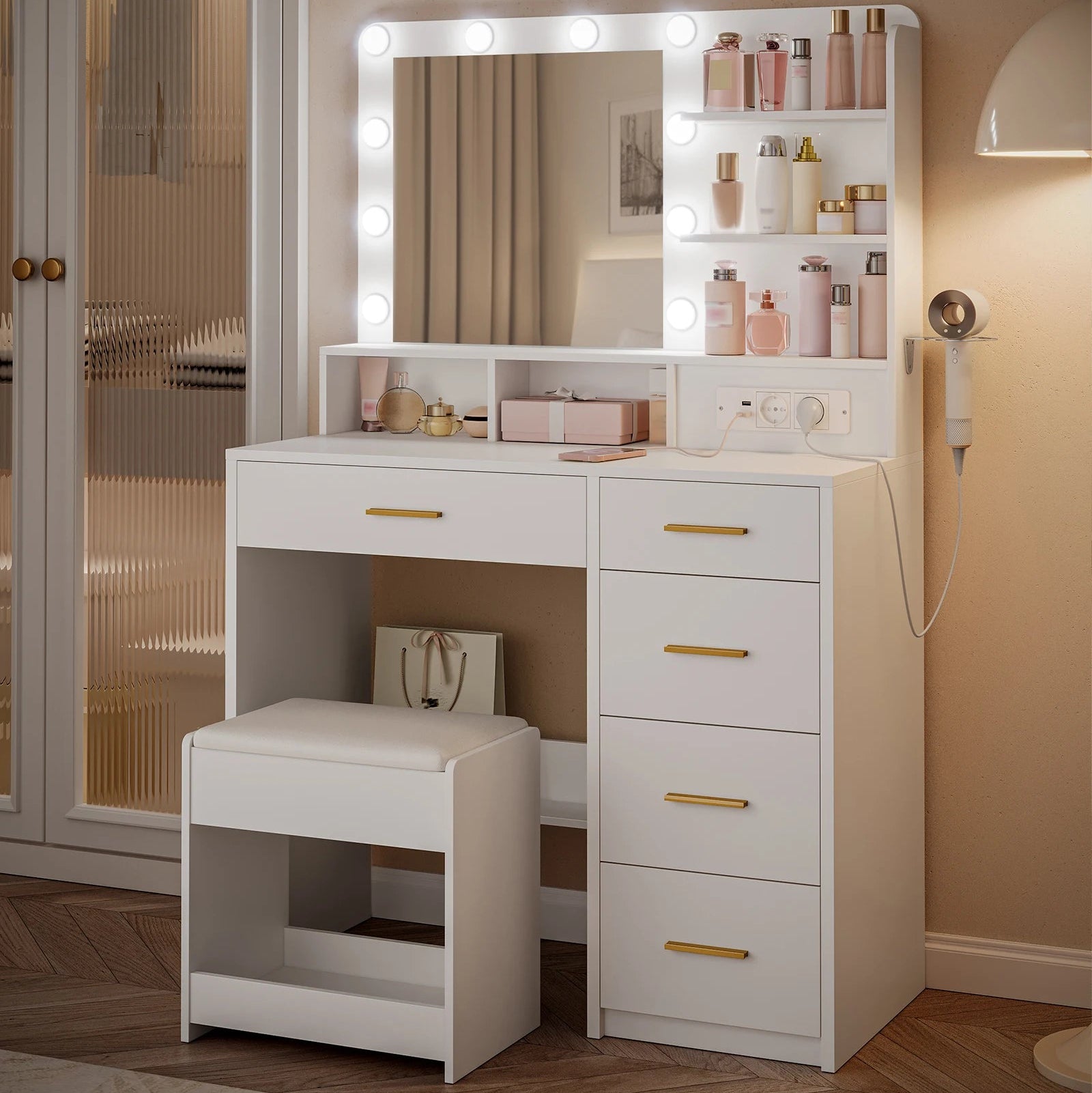 Coiffeuse LED miroir 5 tiroirs