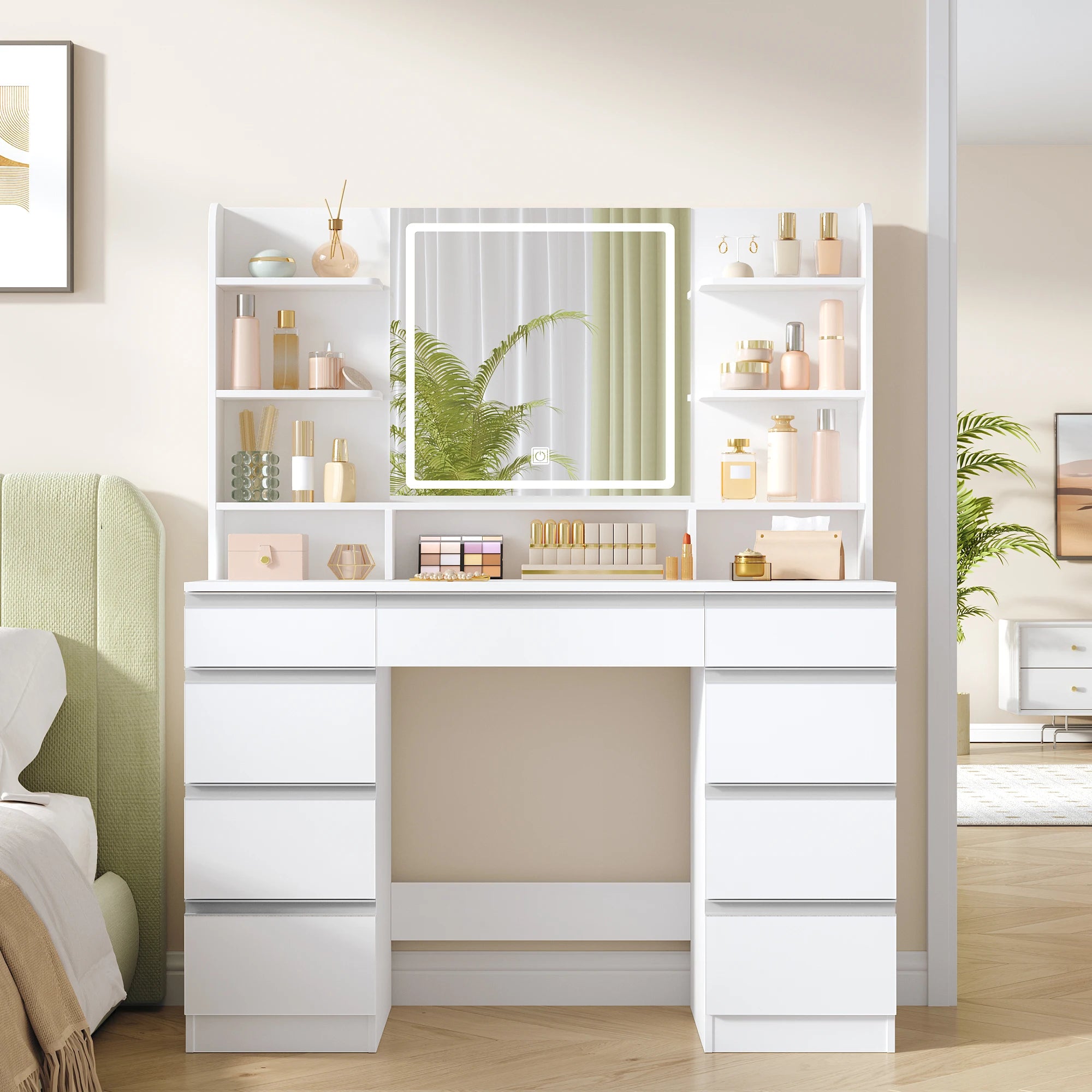 Coiffeuse LED miroir 9 rangements