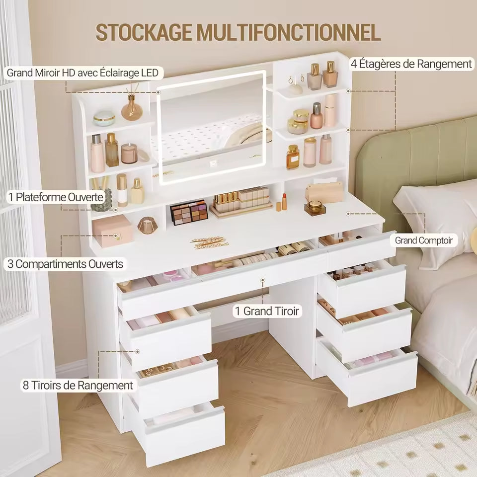 Coiffeuse LED miroir 9 rangements