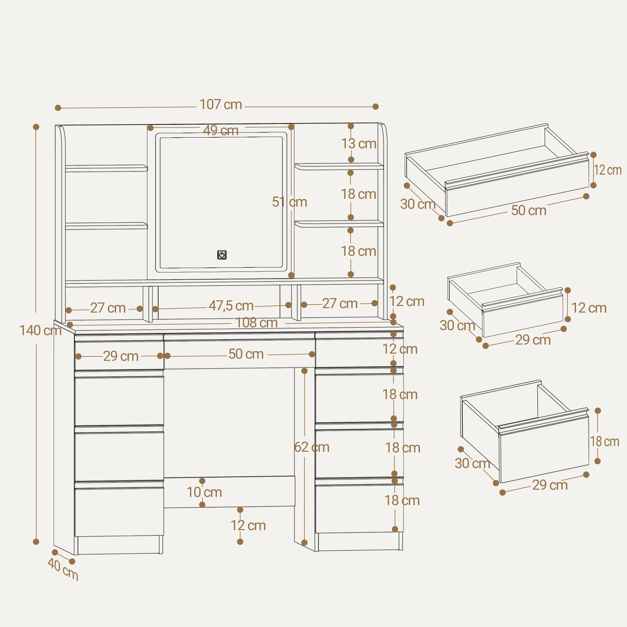Coiffeuse LED miroir 9 rangements dorée