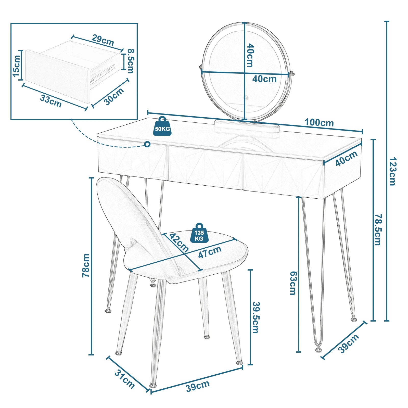 Coiffeuse LED miroir pivotant